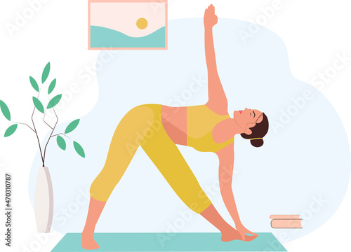 Girl with dark hair in a yellow suit in a flat style in the room doing yoga