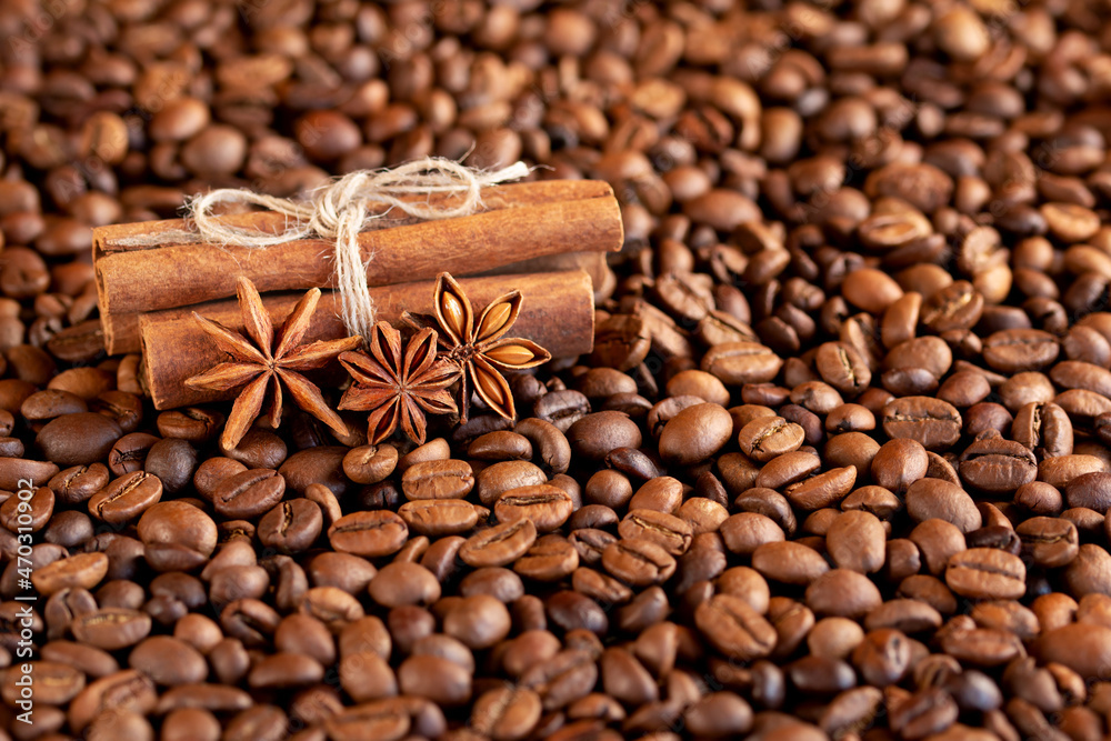 star anise and cinnamon on coffee beans star anise and cinnamon on coffee beans