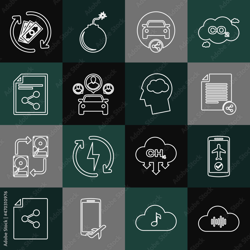 Set line Music streaming service, Flight mode the mobile, Share file, Car sharing, Refund money and Head silhouette with cloud icon. Vector Set line Music streaming service, Flight mode the mobile, Share file, Car sharing, Refund money and Head silhouette with cloud icon. Vector