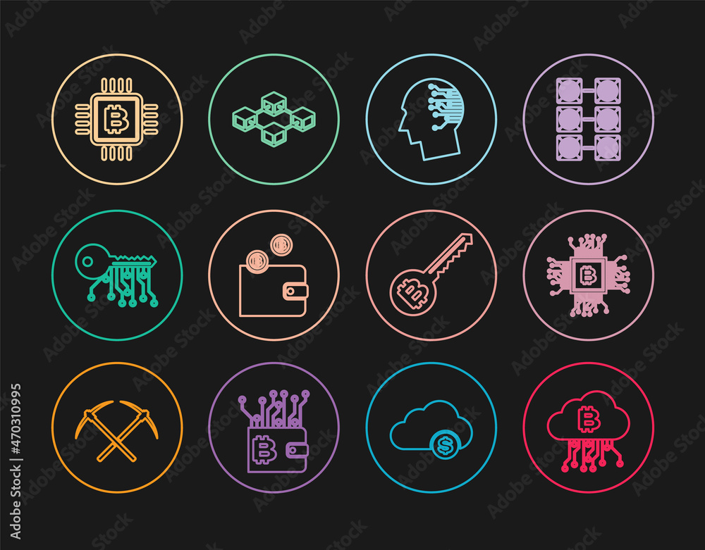 Set line Cryptocurrency cloud mining, CPU farm, Brain as digital circuit board, wallet, key, and Blockchain technology icon. Vector Set line Cryptocurrency cloud mining, CPU farm, Brain as digital circuit board, wallet, key, and Blockchain technology icon. Vector