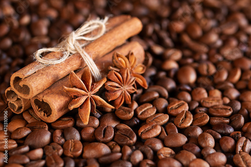 coffee beans, cinnamon, star anise. background, texture