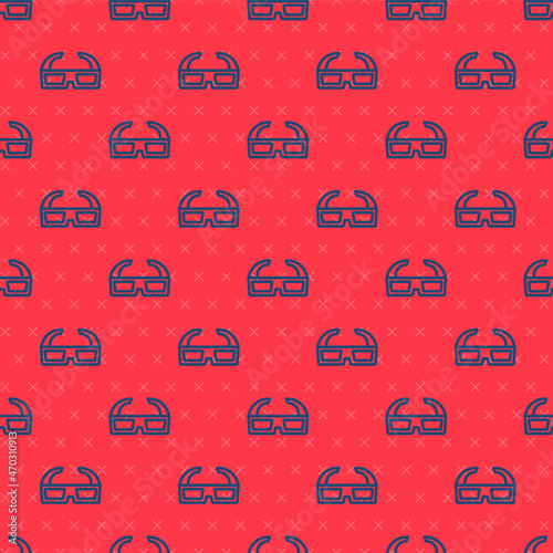 Blue line 3D cinema glasses icon isolated seamless pattern on red background. Vector