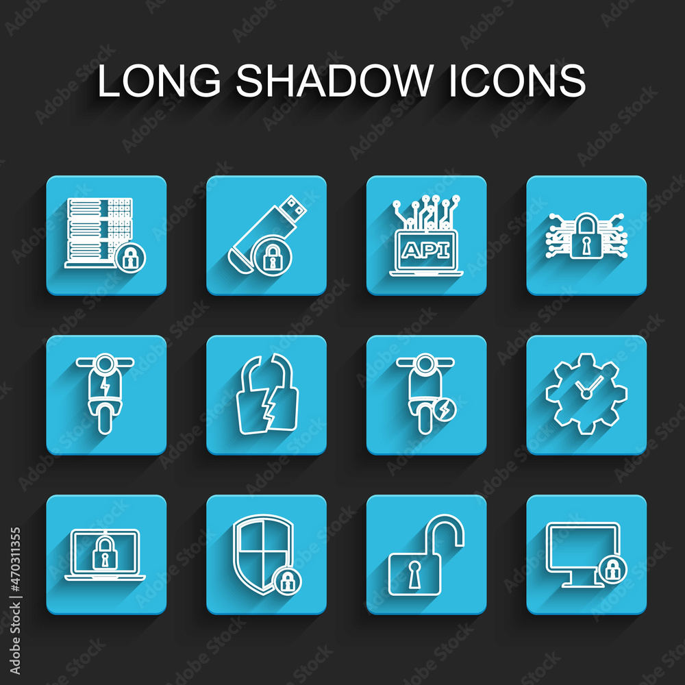 Set line Laptop and lock, Shield security with, Server, Open padlock, Lock on monitor, Broken cracked, Time Management and Electric scooter icon. Vector Set line Laptop and lock, Shield security with, Server, Open padlock, Lock on monitor, Broken cracked, Time Management and Electric scooter icon. Vector