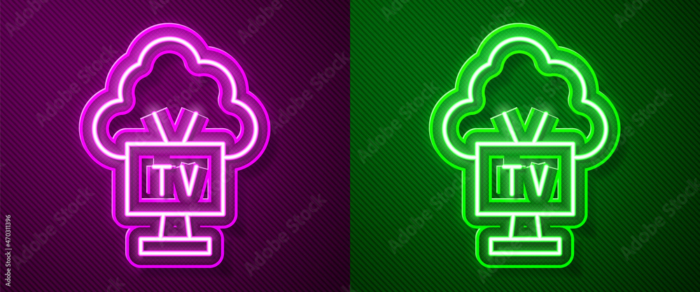 Glowing neon line Smart Tv icon isolated on purple and green background. Television sign. Vector Glowing neon line Smart Tv icon isolated on purple and green background. Television sign. Vector