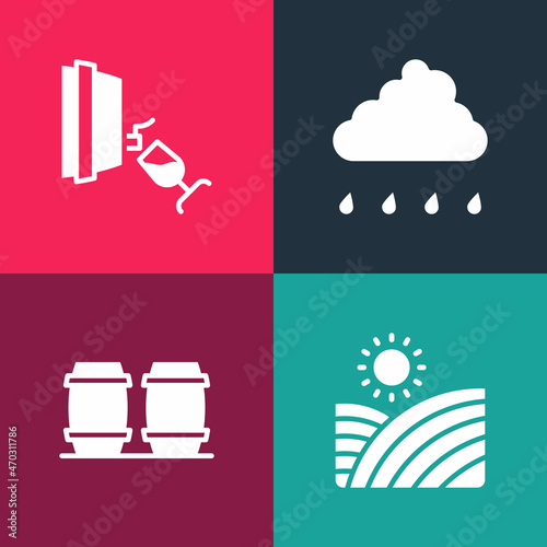 Set pop art Vineyard wine grapes, Wooden barrel for, Cloud with rain and Wine tasting, degustation icon. Vector