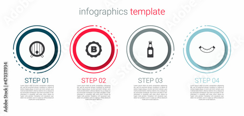 Set Wooden barrel, Bottle cap with beer, Beer bottle and Sausage. Business infographic template. Vector