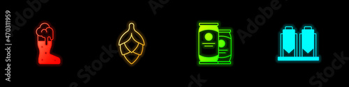 Set Boot beer glass, Hop, Beer can and brewing process icon. Vector
