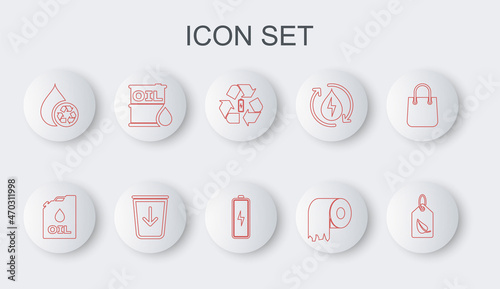 Set line Tag with leaf, Canister machine oil, Battery recycle, Toilet paper roll, Recycle clean aqua, Oil barrel, Send to the trash and icon. Vector