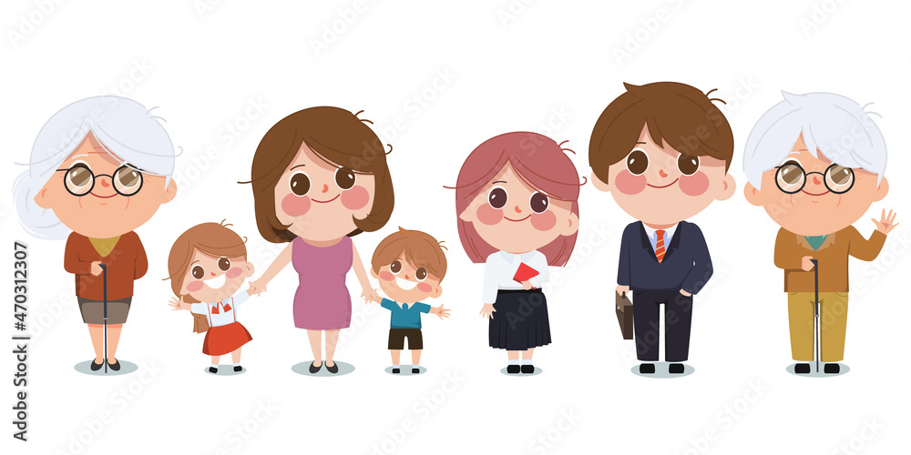 Group of cute cartoon family young and elder age people character. Group of cute cartoon family young and elder age people character.