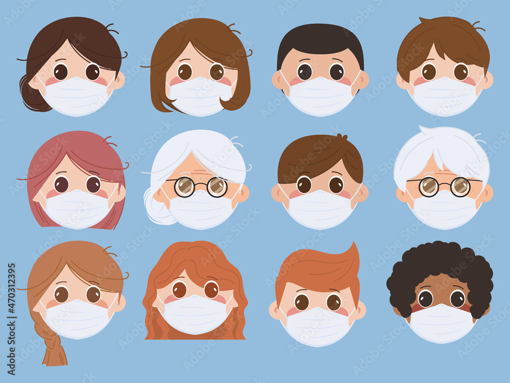 Group of cute cartoon people character. Wearing face mask to protection from covid-19 coronavirus. Group of cute cartoon people character. Wearing face mask to protection from covid-19 coronavirus.