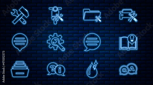 Set line Question and Answer, Interesting facts, Folder service, Wrench gear, Speech bubble chat, Crossed hammer wrench, and Scooter icon. Vector