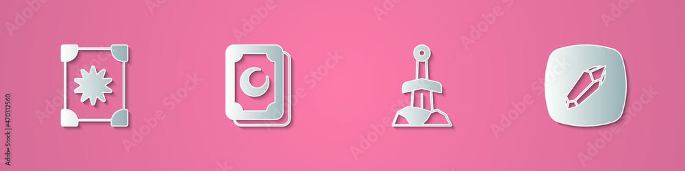 Set paper cut Ancient magic book, Tarot cards, Sword in the stone and Magic icon. Paper art style. Vector Set paper cut Ancient magic book, Tarot cards, Sword in the stone and Magic icon. Paper art style. Vector