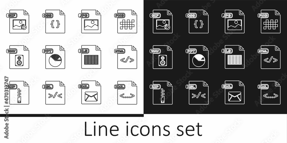 Set line XML file document, HTML, JPG, PPT, WAV, GIF, XLS and CSS icon. Vector Set line XML file document, HTML, JPG, PPT, WAV, GIF, XLS and CSS icon. Vector