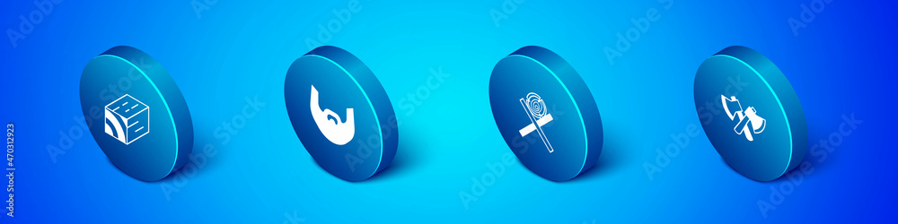 Set Isometric Wooden beam, logs on stand, axe and Mustache beard icon. Vector Set Isometric Wooden beam, logs on stand, axe and Mustache beard icon. Vector