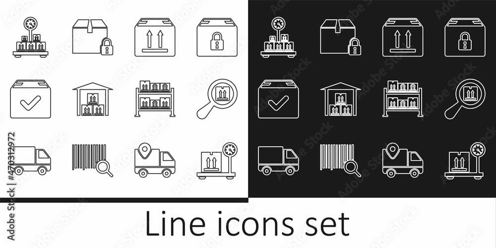 Set line Scale with cardboard box, Search package, Cardboard traffic, Warehouse, Package check mark, and Locked icon. Vector