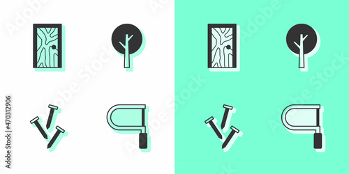 Set Hacksaw, Closed door, Metallic nails and Tree icon. Vector