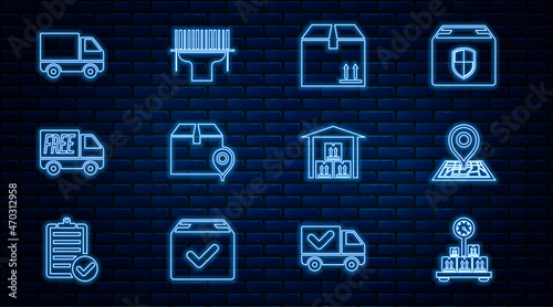 Set line Scale with cardboard box, Placeholder on map, Cardboard traffic, Location, Free delivery service, Delivery cargo truck vehicle, Warehouse and Scanner scanning bar code icon. Vector