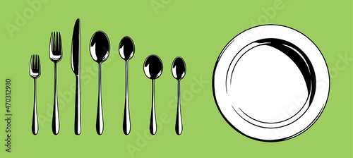 シンプルなカトラリーのイラストセット　食器　皿　テーブルマナー　レストラン