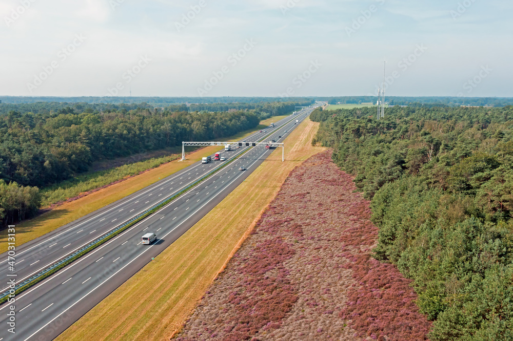 Traffic on the highway A1 on the Veluwe in the Netherlands