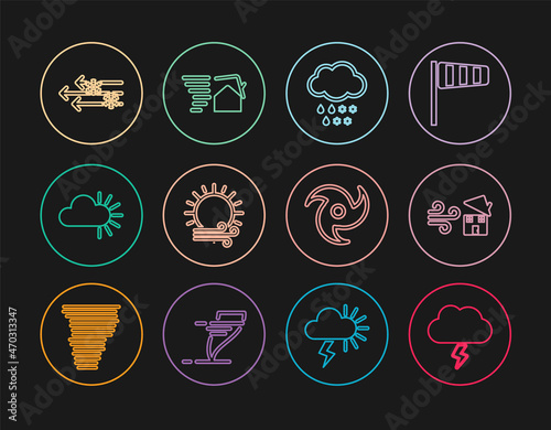 Set line Storm, Tornado swirl, Cloud with snow and rain, Wind sun, Cloudy, and icon. Vector