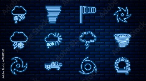 Set line Wind and sun, Tornado, Cone windsock wind vane, Cloudy with snow, lightning, rain, Storm and icon. Vector