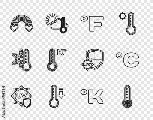 Set line UV protection, Meteorology thermometer, Fahrenheit, Rainbow with heart, Kelvin and Celsius icon. Vector