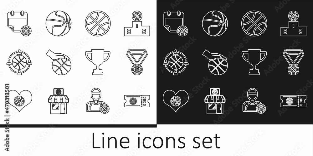 Set line Basketball game ticket, medal, Hand with basketball, Planning strategy, on sport calendar, Award cup and icon. Vector