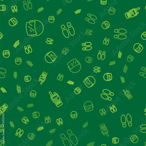 Set line Police helmet, Walkie talkie and Footsteps on seamless pattern. Vector