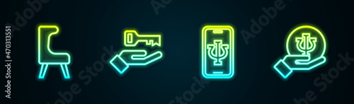 Set line Armchair, Solution to the problem, Psychologist online and Psychology, Psi. Glowing neon icon. Vector