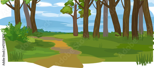 Abstract summer cartoon panoramic landscape with blue sky and thick trunks of old trees in grove