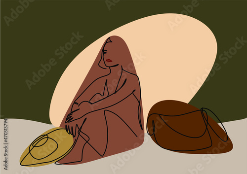 continuous drawing of a female silhouette squatting in boho style