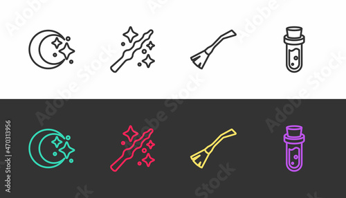 Set line Moon and stars, Magic wand, Witches broom and Bottle with potion on black and white. Vector
