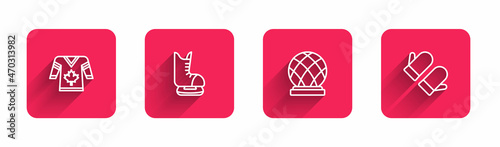 Set line Hockey jersey, Skates, Montreal Biosphere and Christmas mitten with long shadow. Red square button. Vector
