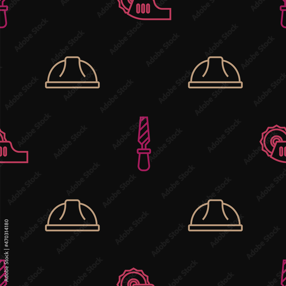 Set line Electric circular saw, Worker safety helmet and Rasp metal file on seamless pattern. Vector Set line Electric circular saw, Worker safety helmet and Rasp metal file on seamless pattern. Vector