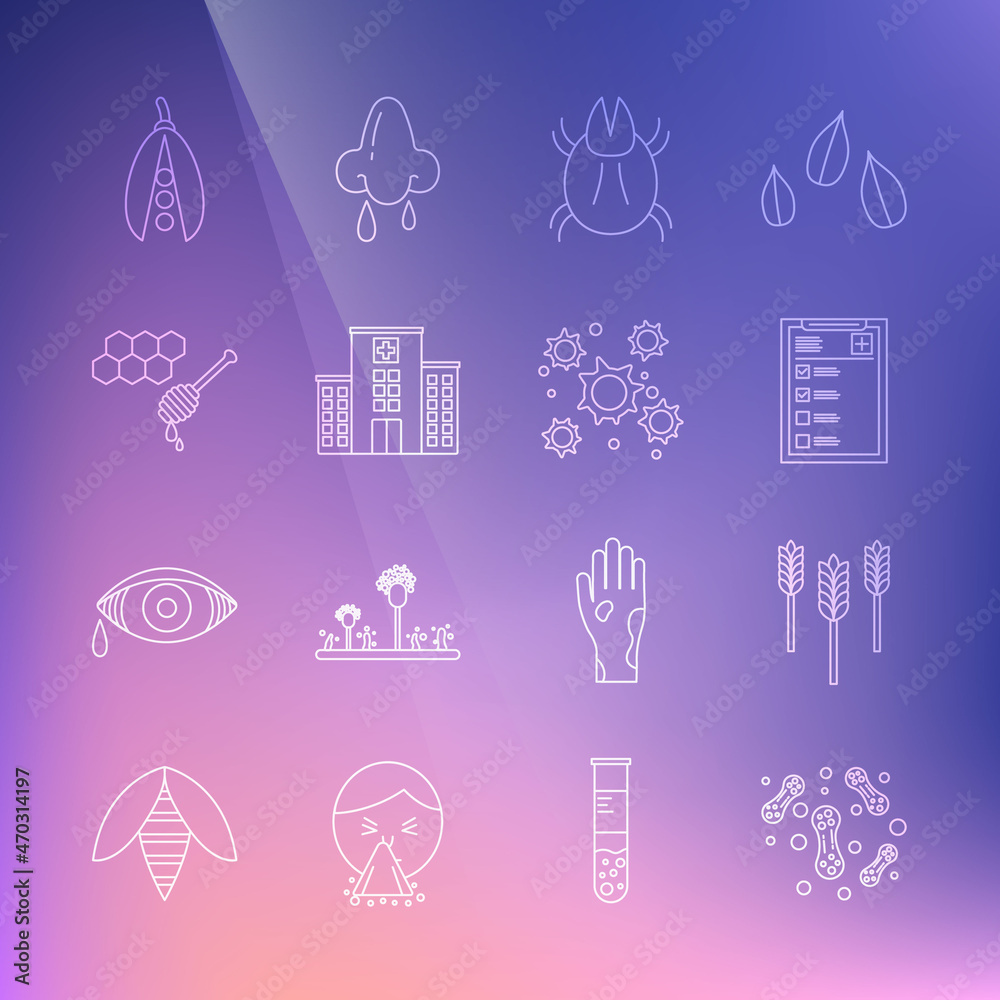 Set line Bacteria, Wheat, Clinical record, Parasite mite, Medical hospital building, Honeycomb with honey dipper, Kidney beans and icon. Vector Set line Bacteria, Wheat, Clinical record, Parasite mite, Medical hospital building, Honeycomb with honey dipper, Kidney beans and icon. Vector