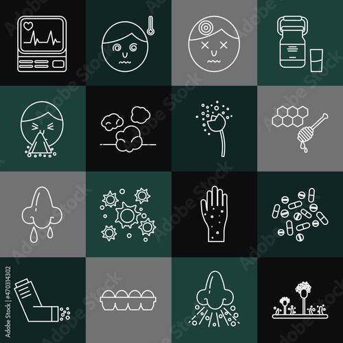 Set line Mold, Medicine pill or tablet, Honeycomb with honey dipper, Man having headache, Dust, Handkerchief to his runny nose, Monitor cardiogram and Flower producing pollen icon. Vector