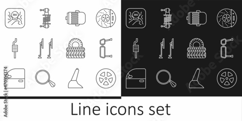 Set line Car wheel, Truck side mirror, Electric engine, Windscreen wiper, muffler, Gear shifter, tire and Shock absorber icon. Vector