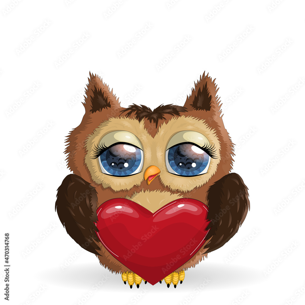 Valentine card with Cute Cartoon Owl in hearts