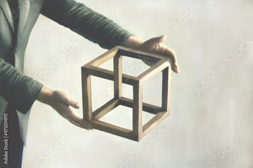 Illustration of man holding impossible cube, abstract surreal optical illusion paradox concept photo