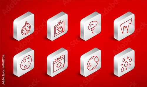 Set line Water drop, Weather forecast, Storm, Icicle, Earth globe, Compass, Calendar and sun and Moon icon. Vector