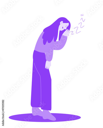 The sleepy girl walks and yawns. Flat purple vector illustration