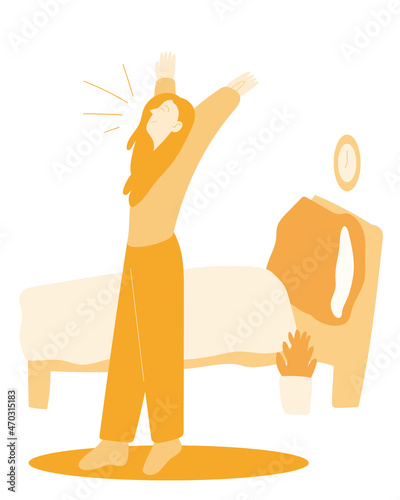 An optimistic smiling girl got up in the morning. The girl wakes up in the bedroom. Flat yellow vector illustration
