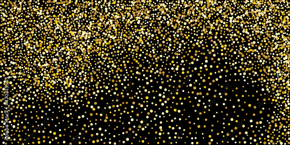 Golden point confetti on a black background. Illustration of a drop of shiny particles. Decorative element.