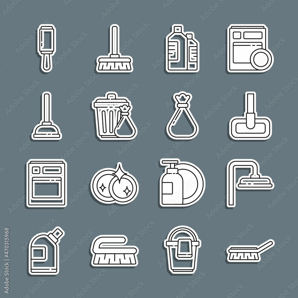 Set line Brush for cleaning, Shower head, Mop, Bottles agent, Trash can and garbage bag, Rubber plunger, Adhesive roller and Garbage icon. Vector Set line Brush for cleaning, Shower head, Mop, Bottles agent, Trash can and garbage bag, Rubber plunger, Adhesive roller and Garbage icon. Vector