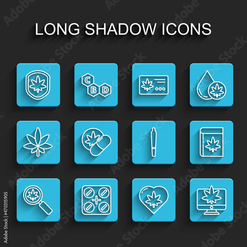 Set line Magnifying glass and marijuana, Medical pills with, Shield leaf, Marijuana heart, Monitor or cannabis, Herbal ecstasy tablets, Book and joint icon. Vector