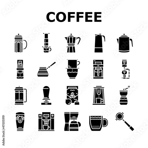 Coffee Make Machine And Accessory Icons Set Vector. Coffee Maker Electronic Device And Aeropress Tool, Syphon Percolator, Grinder Tamper For Prepare Energy Drink Glyph Pictograms Black Illustrations