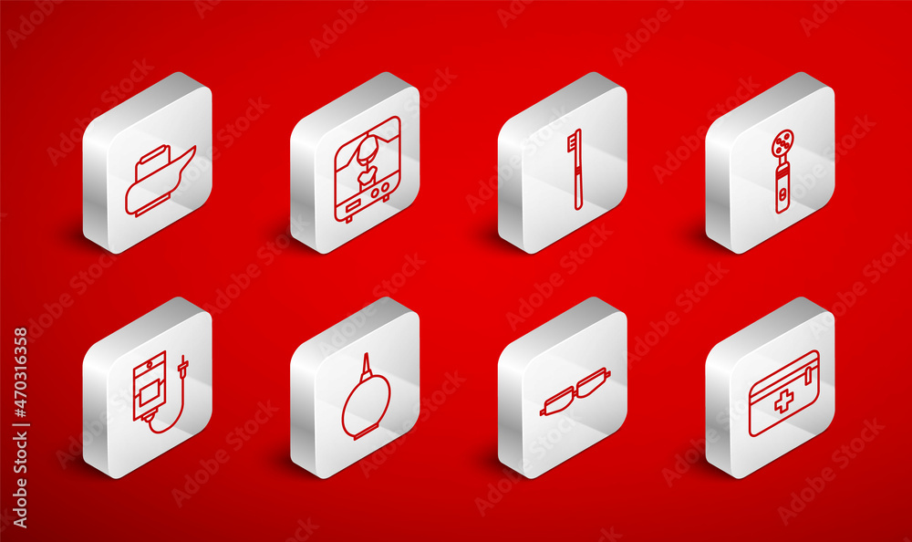 Set line First aid kit, X-ray machine, Toothbrush, Electric toothbrush, Safety goggle glasses, Bedpan, Enema and IV bag icon. Vector Set line First aid kit, X-ray machine, Toothbrush, Electric toothbrush, Safety goggle glasses, Bedpan, Enema and IV bag icon. Vector