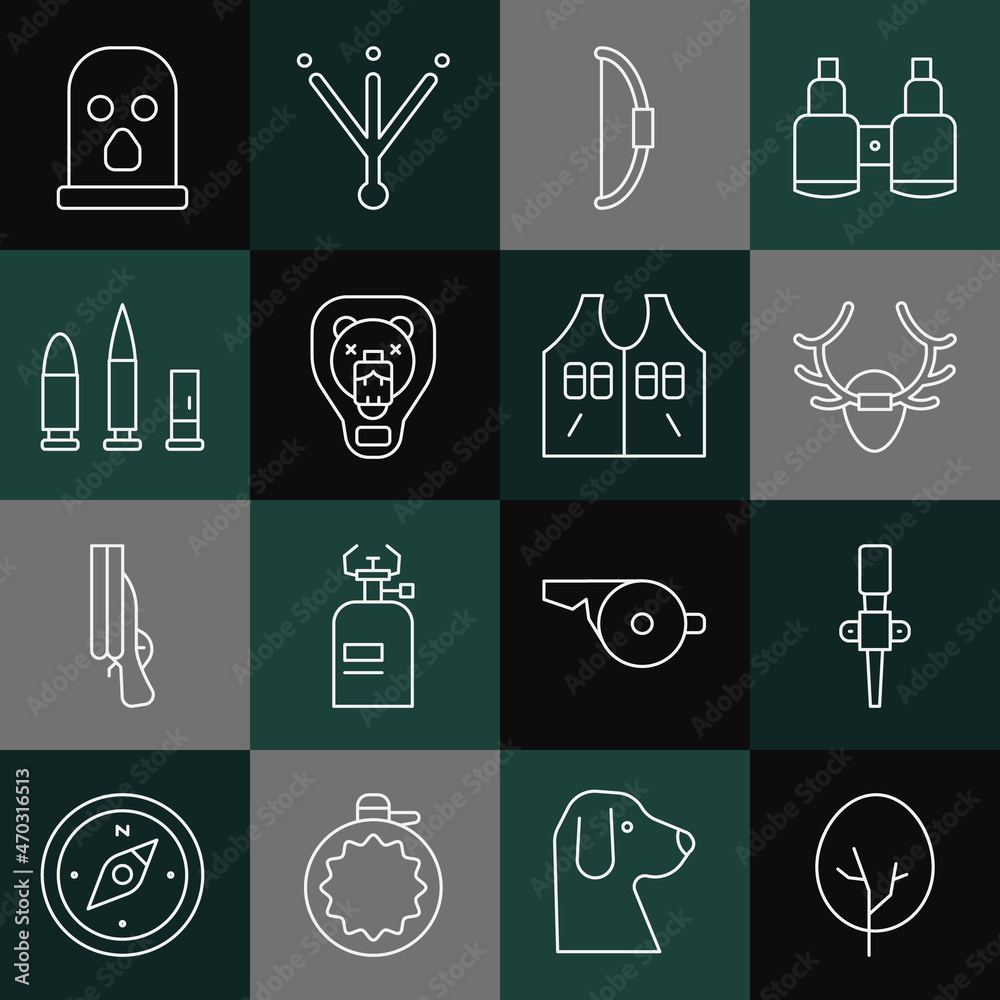Set line Tree, Torch flame, Deer antlers on shield, Bow, Bear head, Bullet and cartridge, Balaclava and Hunting jacket icon. Vector Set line Tree, Torch flame, Deer antlers on shield, Bow, Bear head, Bullet and cartridge, Balaclava and Hunting jacket icon. Vector