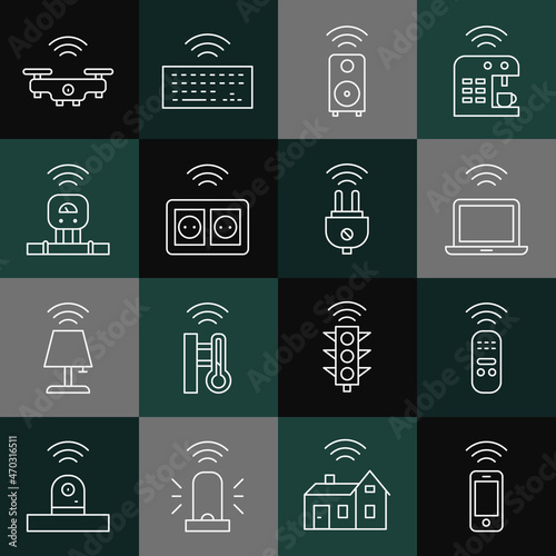 Set line Wireless smartphone, Smart remote control, laptop, stereo speaker, electrical outlet, sensor, drone and plug icon. Vector