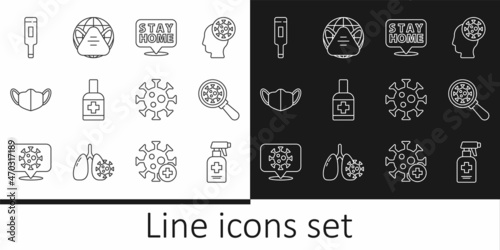 Set line Liquid antibacterial soap, Virus under magnifying glass, Stay home, Medical protective mask, thermometer, and Earth with medical icon. Vector